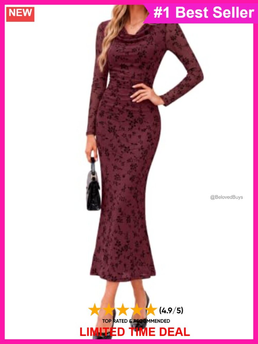 Flocked Floral Mesh Cowl Neck Ruched Long Sleeve Bodycon Maxi Dress